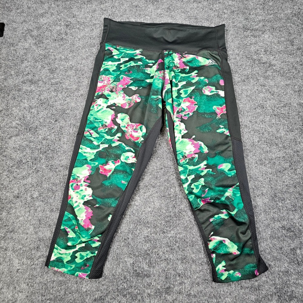 Adidas Climalite Capri Leggings Size Medium Green Pink Watercolor Running Mid